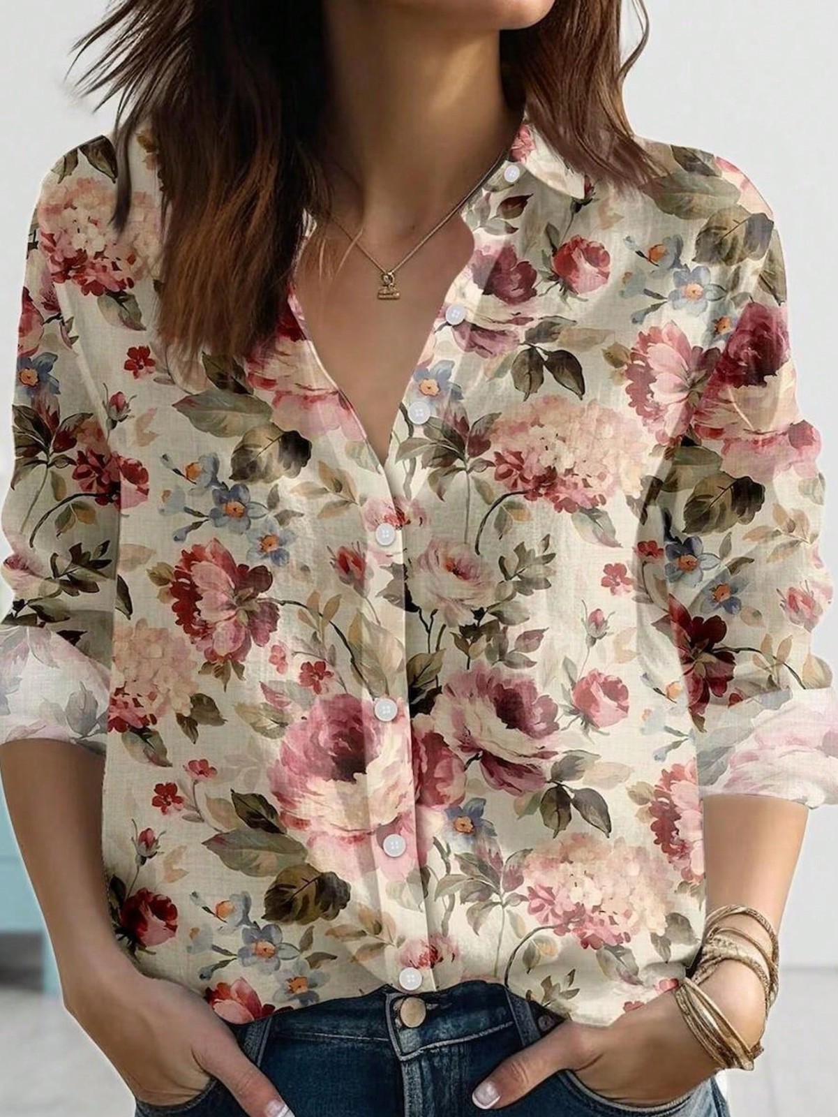 Vintage Pink Rose Floral Women Blouse Romantic Spring Garden Casual Button Top