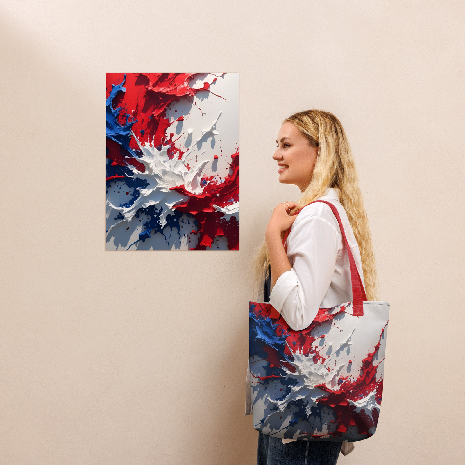 Red White Blue Paint Splatter Tote Bag 15×15 USA Patriotic Canvas Style Gift