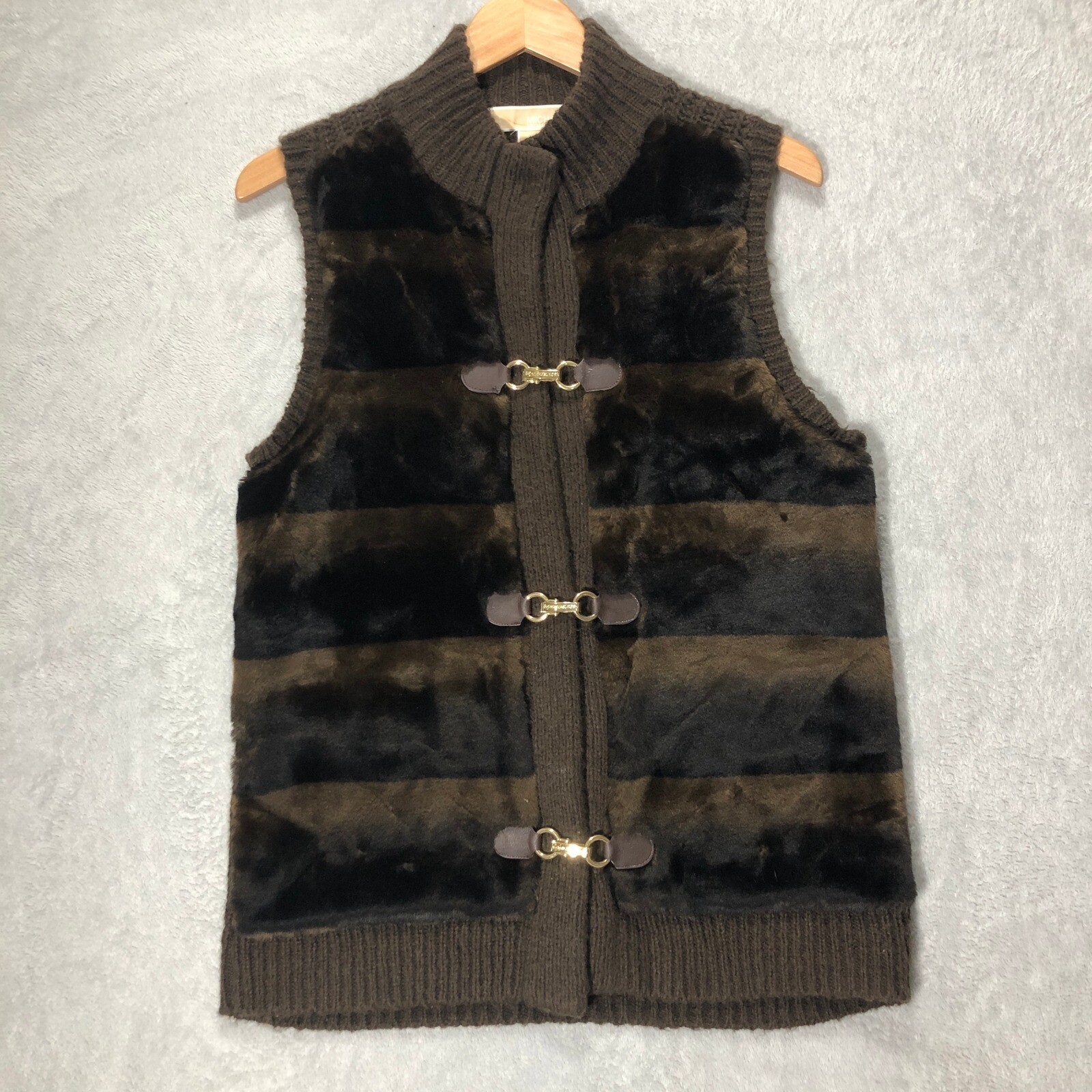Michael Kors Faux Fur Vest Knit Trim Toggle Front Brown Vest Size M