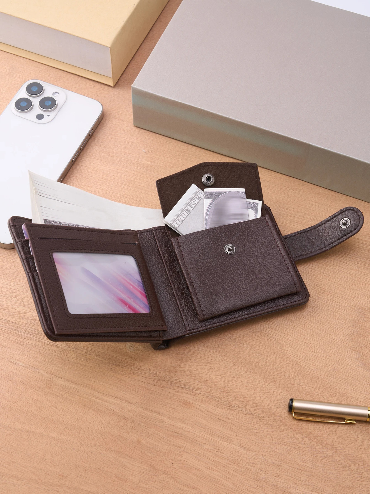 Men’s Slim Leather Wallet, Quality Zipper Purse with Coin Pocket, Male Business