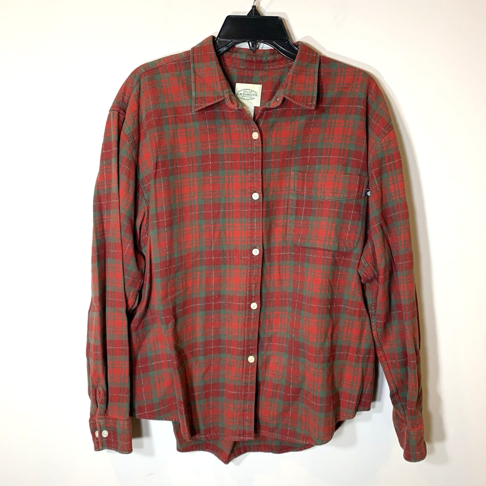 G.H. Bass Flannel Shirt Mens Large Plaid Red Orange Green 100% Cotton Rustic