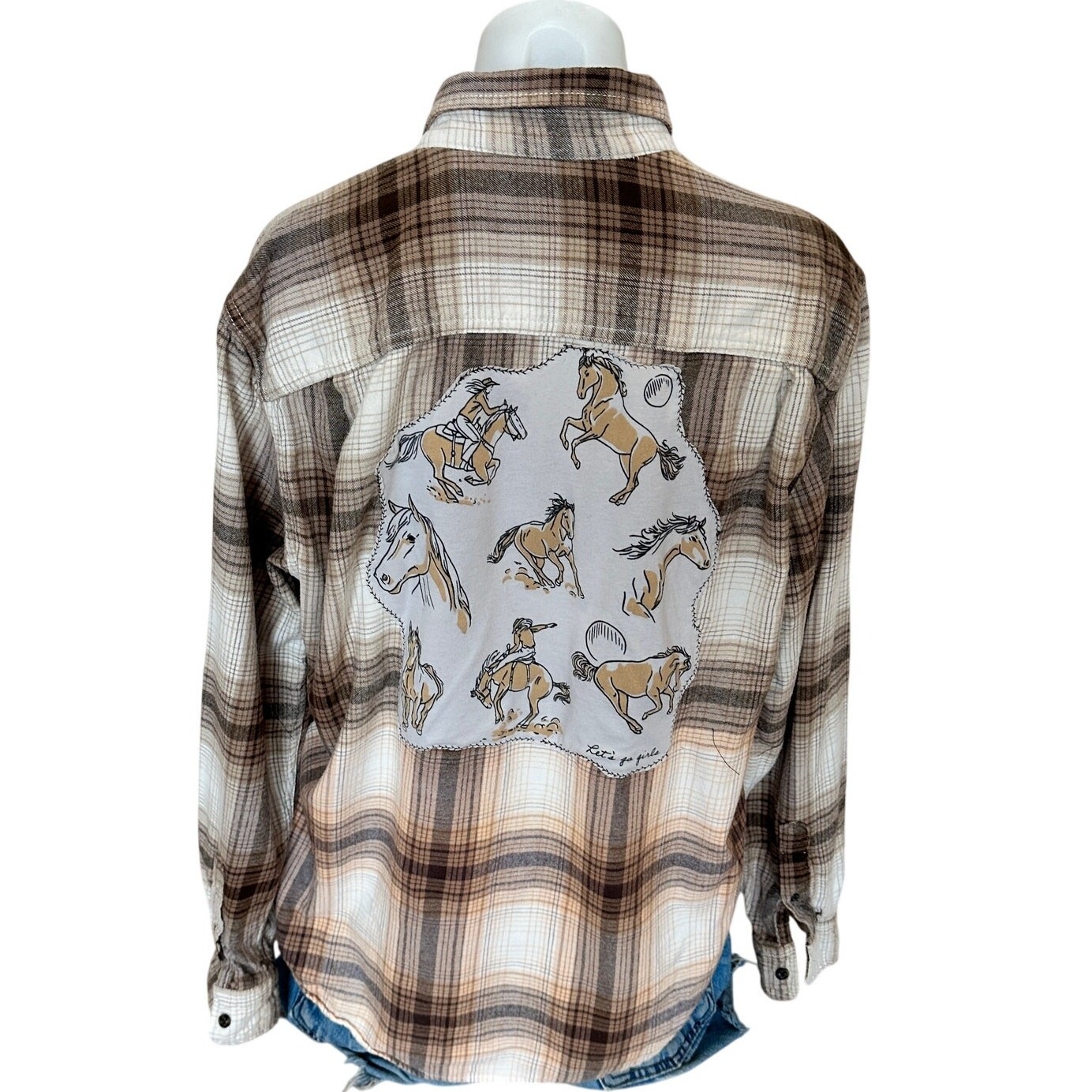 Horse Girl Plaid Flannel Shirt LARGE Oversized Unique Upcycled Cowgirl Western
