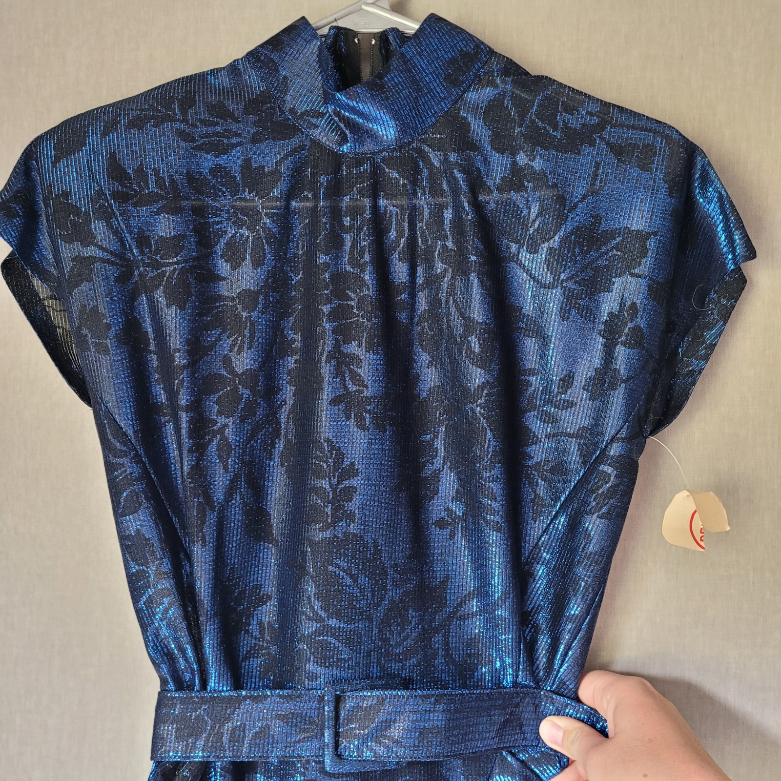 NWT VTG 80s Wayne Diamond Metallic Blue Mock Neck Tulip Midi Dress 5/6