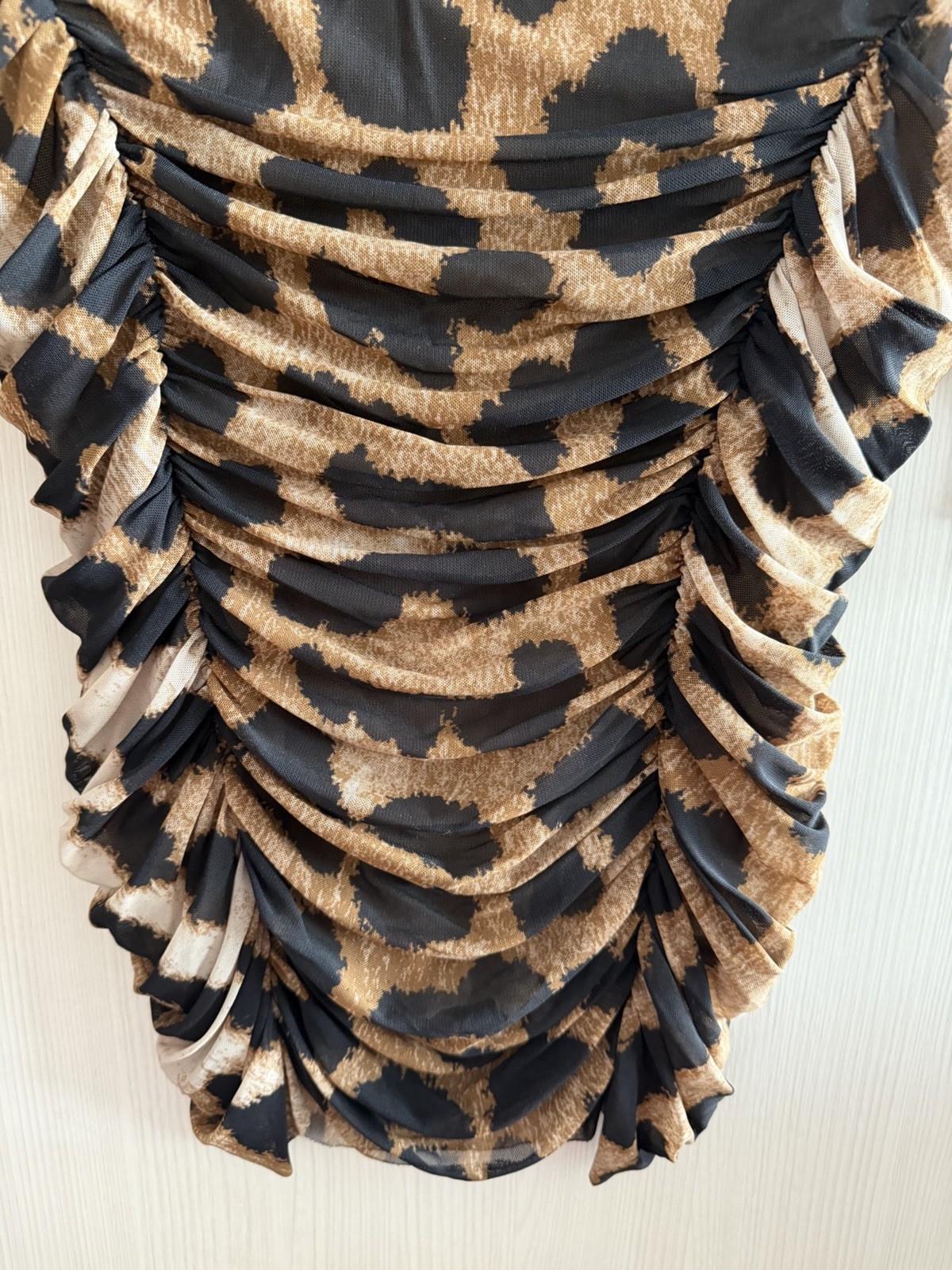 GANNI Leopard Print Mesh Ruched Mock Neck Short Sleeve Top Women’s SZ Small
