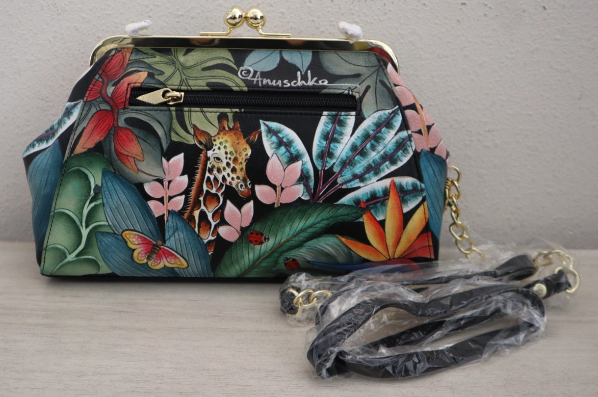 Anuschka Jungle Hand-Painted Leather Kiss Lock Clutch Crossbody Shoulder Bag$298