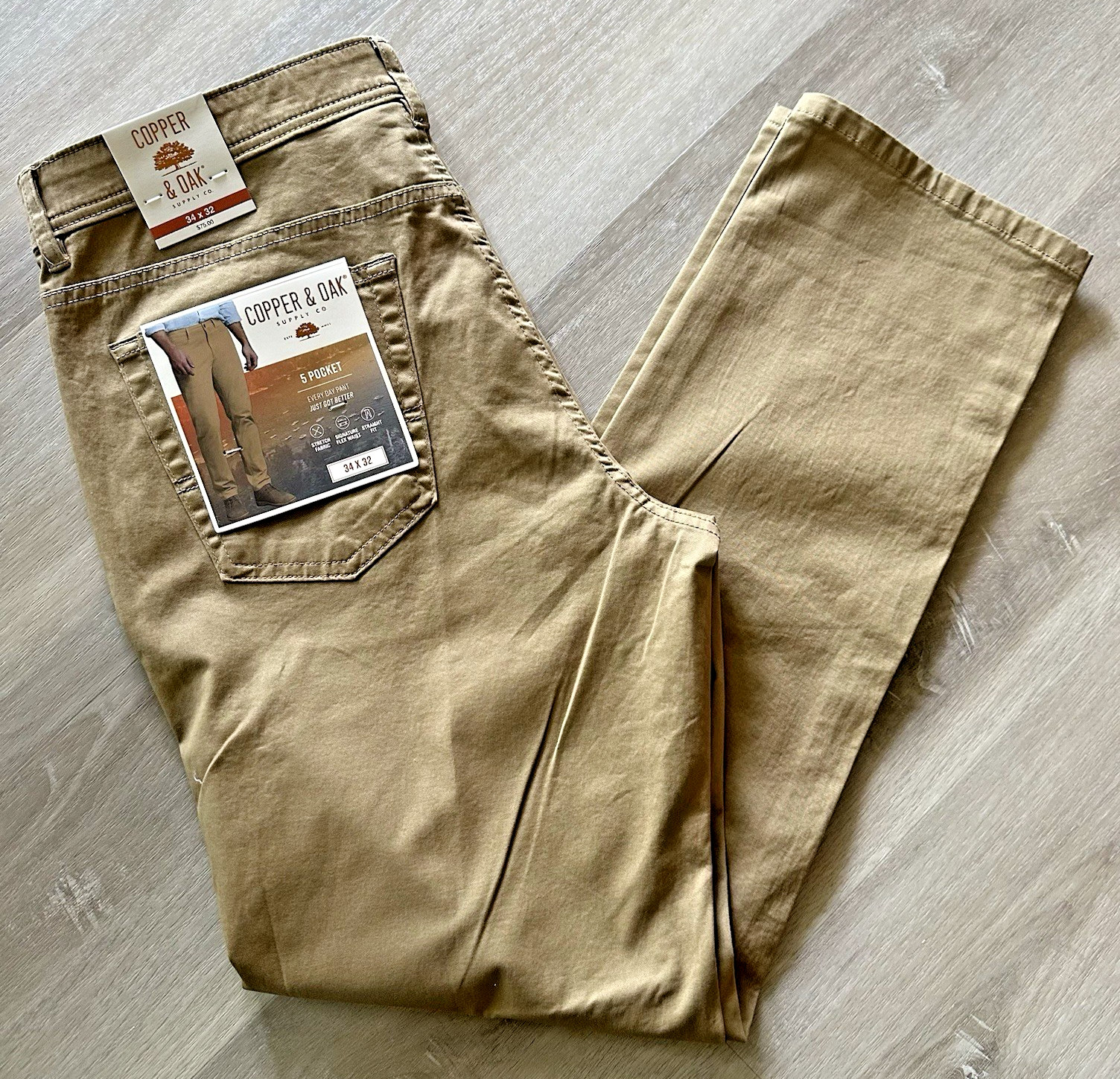 Copper & Oak NWT Mens 34×32 5 Pocket Every Day Pants Khaki K5S817 Stretch NWT$75