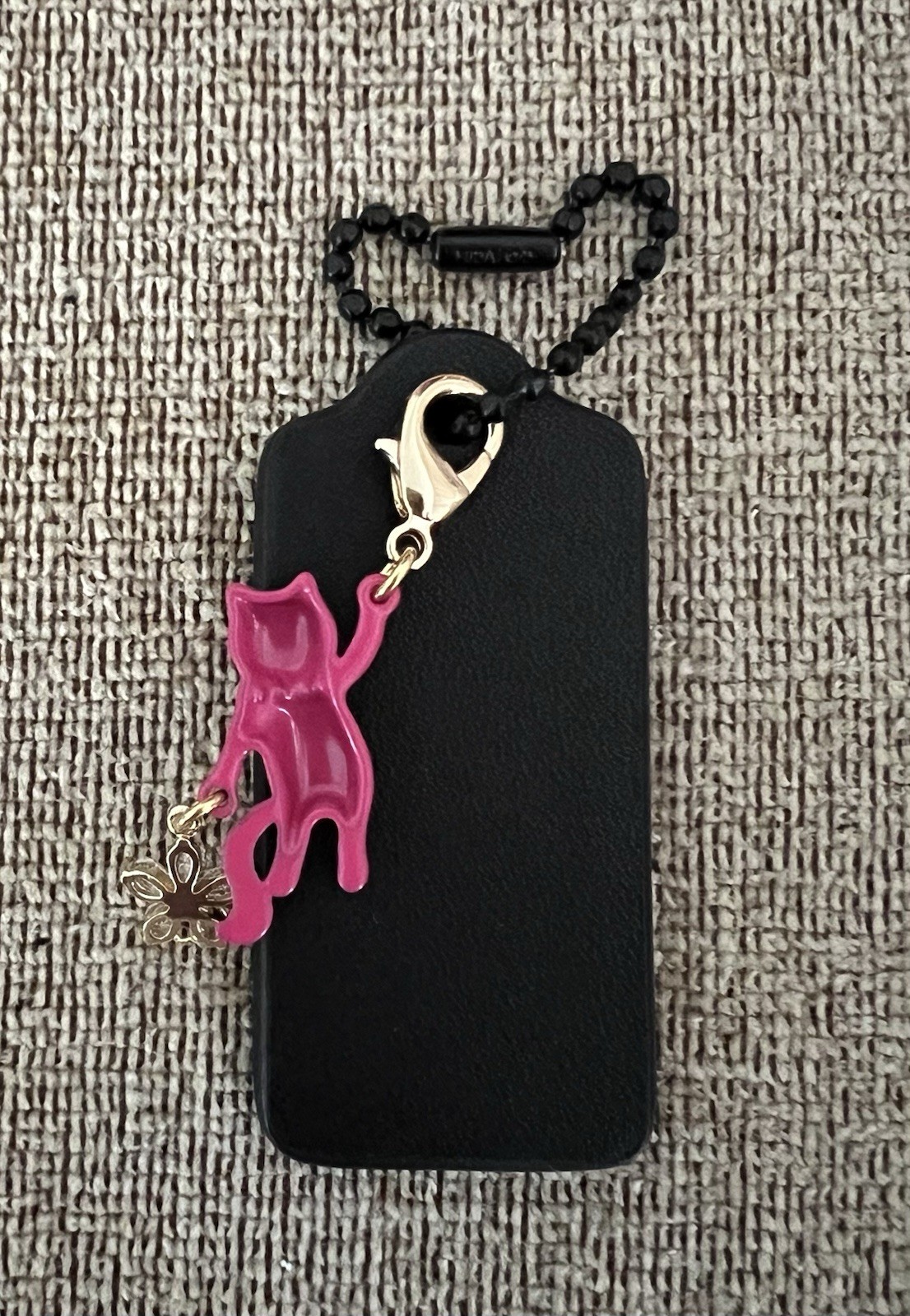 Genuine Coach 2.25” Black Leather Hangtag Pink Kitty Cat & CZ Flower Charm New