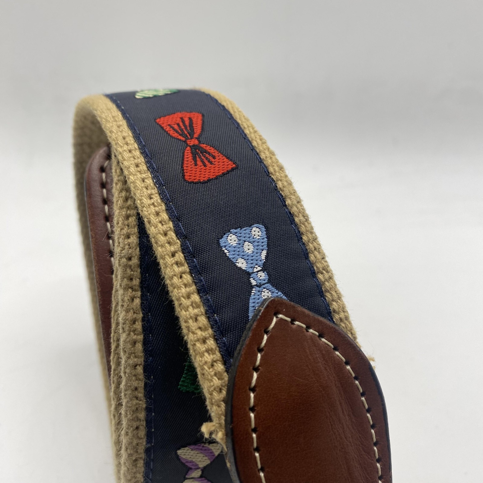 Bow Tie Ribbon Web Belt Mens 32 Navy Canvas Leather Brass Buckle Preppy