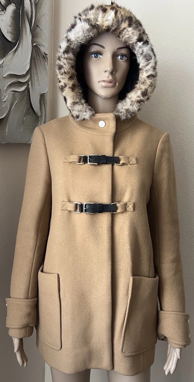 Maje Women’s Hooded Fur Trim Wool Blend Trench Coat Jacket Leather Buckle sz S