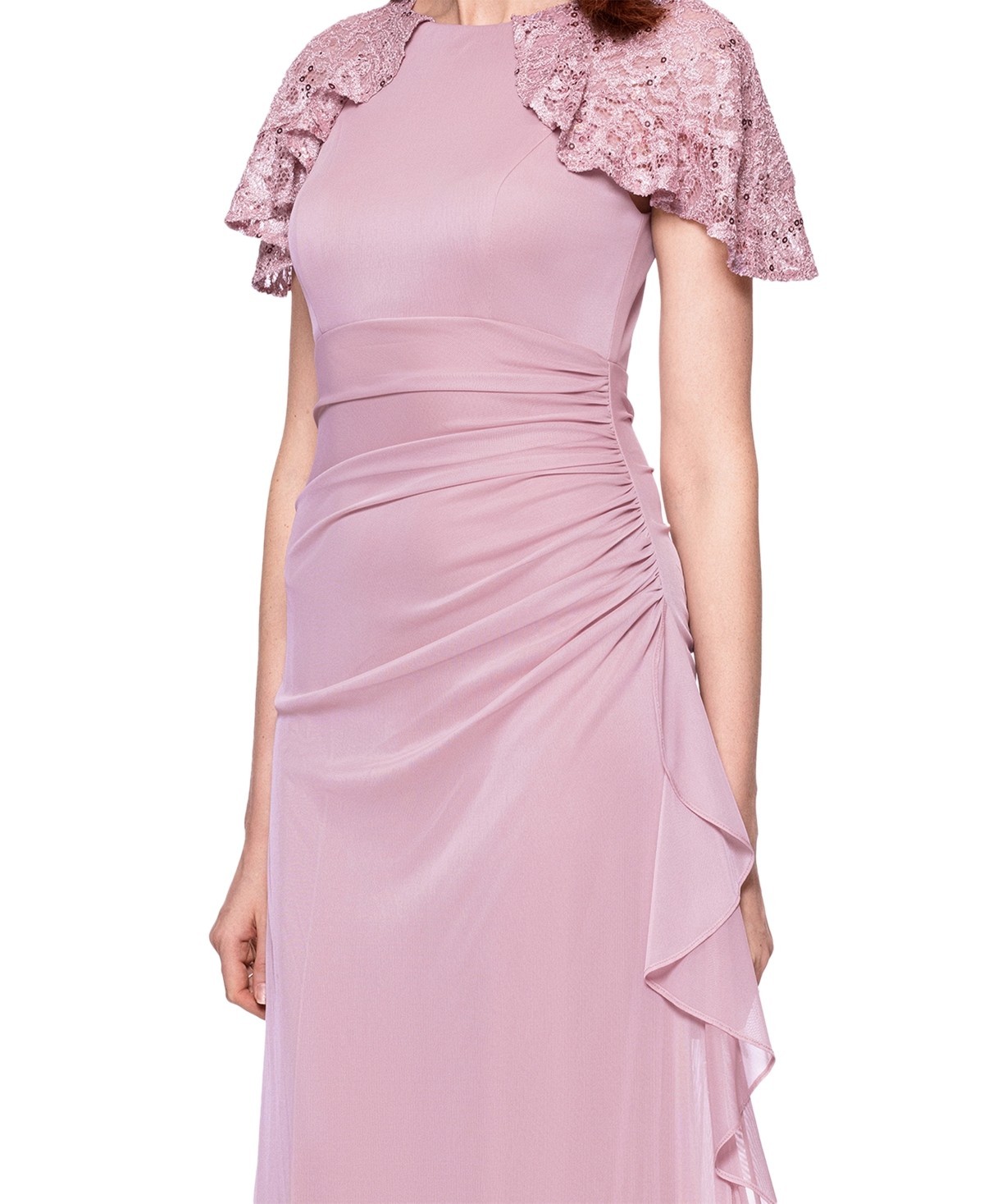 Betsy & Adam Draped Gown Lace Flutter Sleeve Ruched Ruffled Rose Pink Size 12