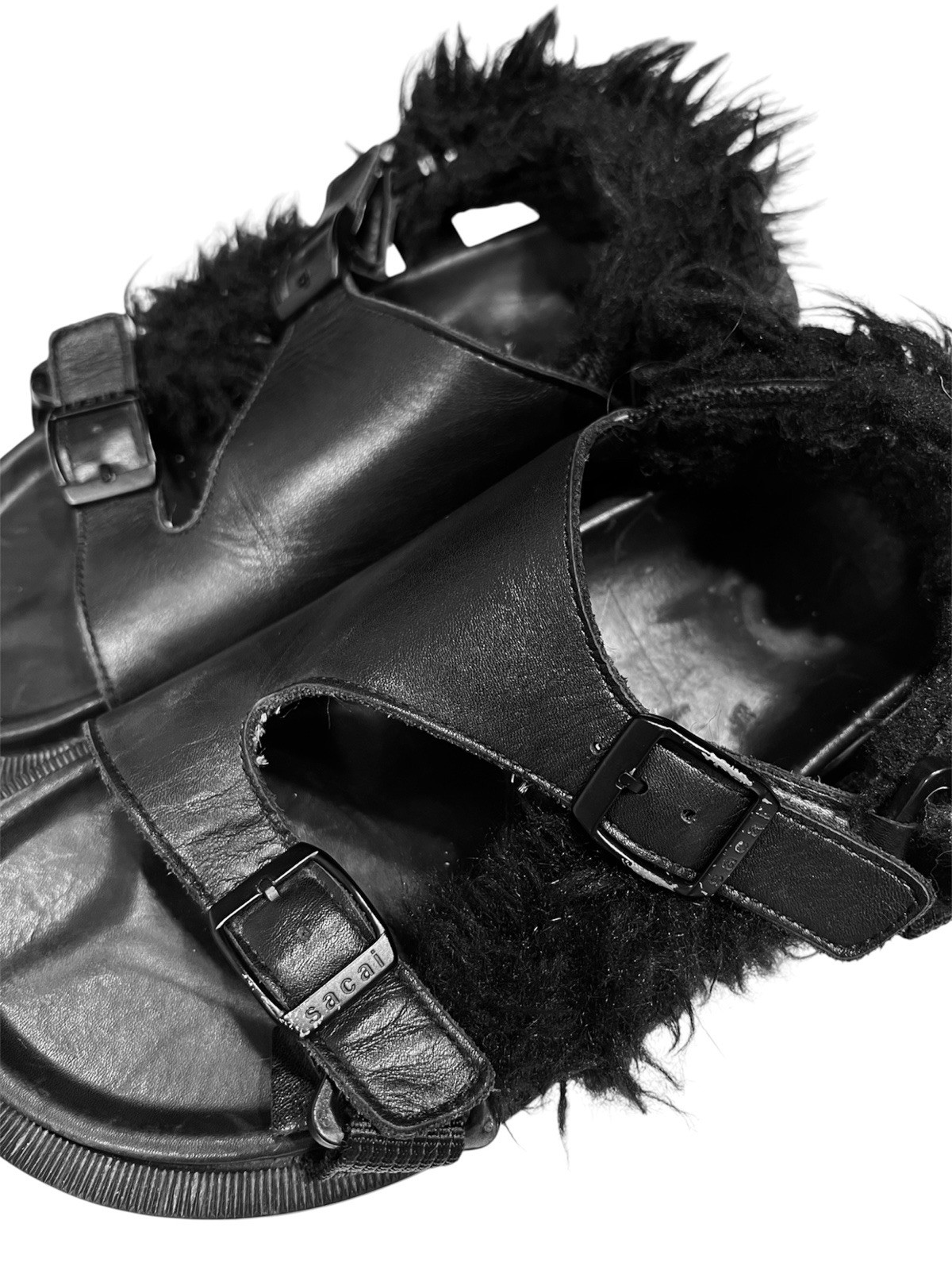Sacai Black Leather Adjustable Buckle Sandals with Fur Trim ($685) Size 7