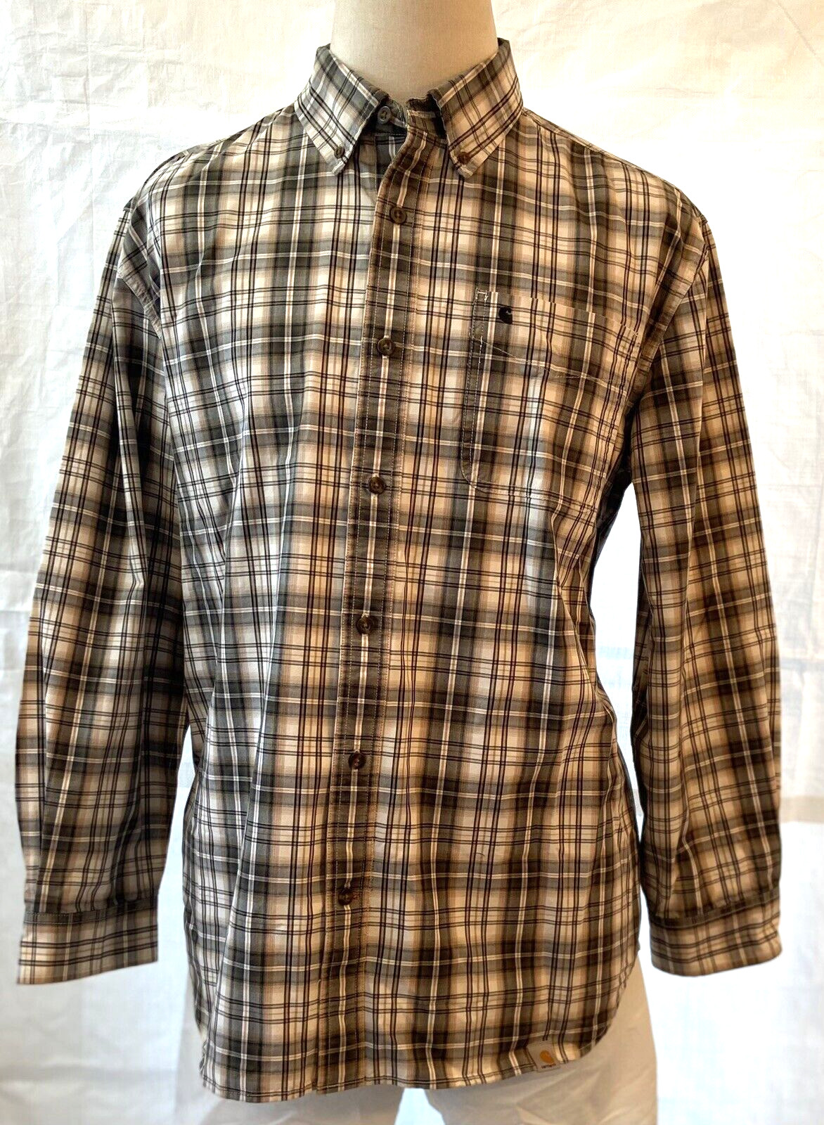 CARHARTT Shirt Tan/Black Plaid Twill Long Sleeve Button Down Relaxed Fit Mens XL