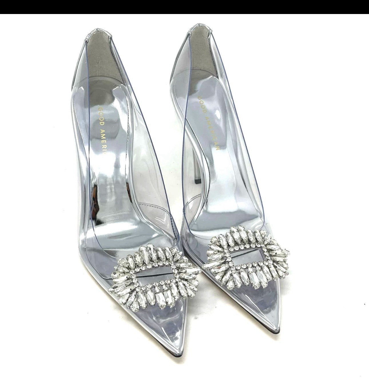 Good American Silver/Clear Leather Rhinestone Pointed Toe Stiletto Pumps 8