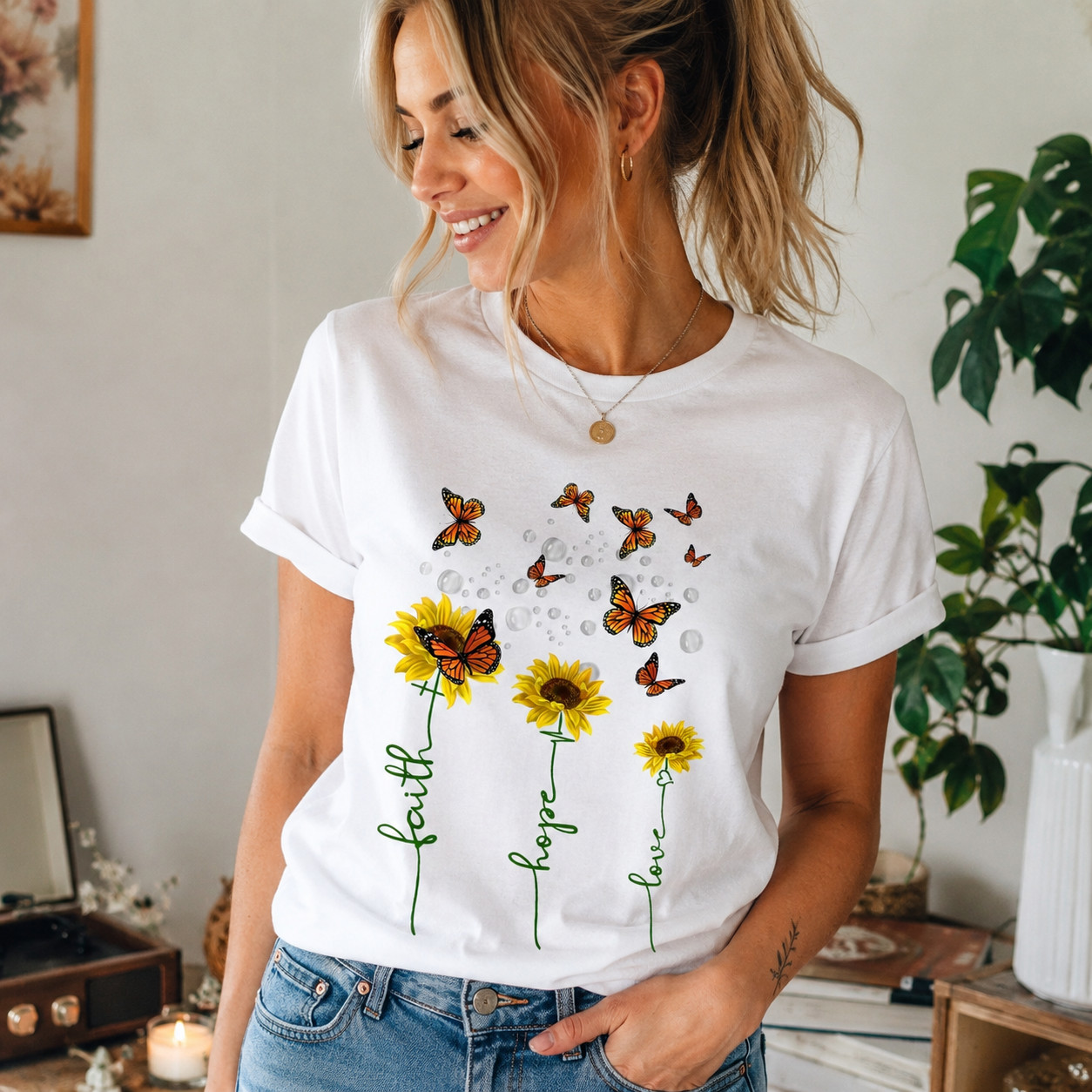 Women’s Faith Hope Love Sunflower Heart Graphic T-Shirt Christian Casual Tee