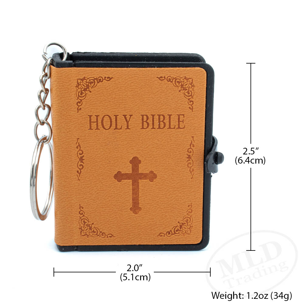 Leather Mini Bible Keychain 2.5×2″ Real Readable Text 4 Color Options w/ Keyring