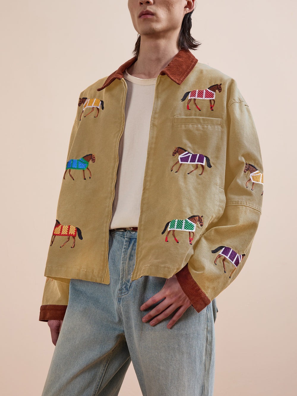 FOUND Women’s S Beige/Brown Horse Embroidered Zip Jacket, Pockets, Short