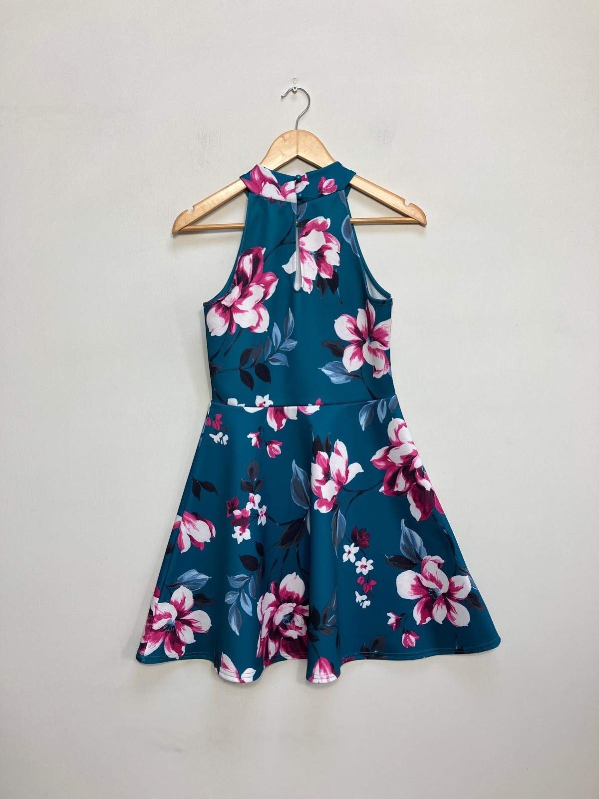 QUIZ Dress Womens UK 10 Teal Floral Halter Neck Fit Flare Skater Party Summer