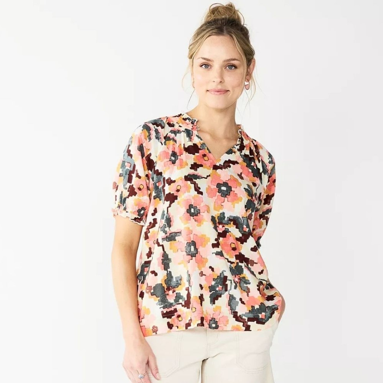 Sonoma Size XXL Cream Peach Pixelated Floral Ruffled Blouse Short Puff Sleeves