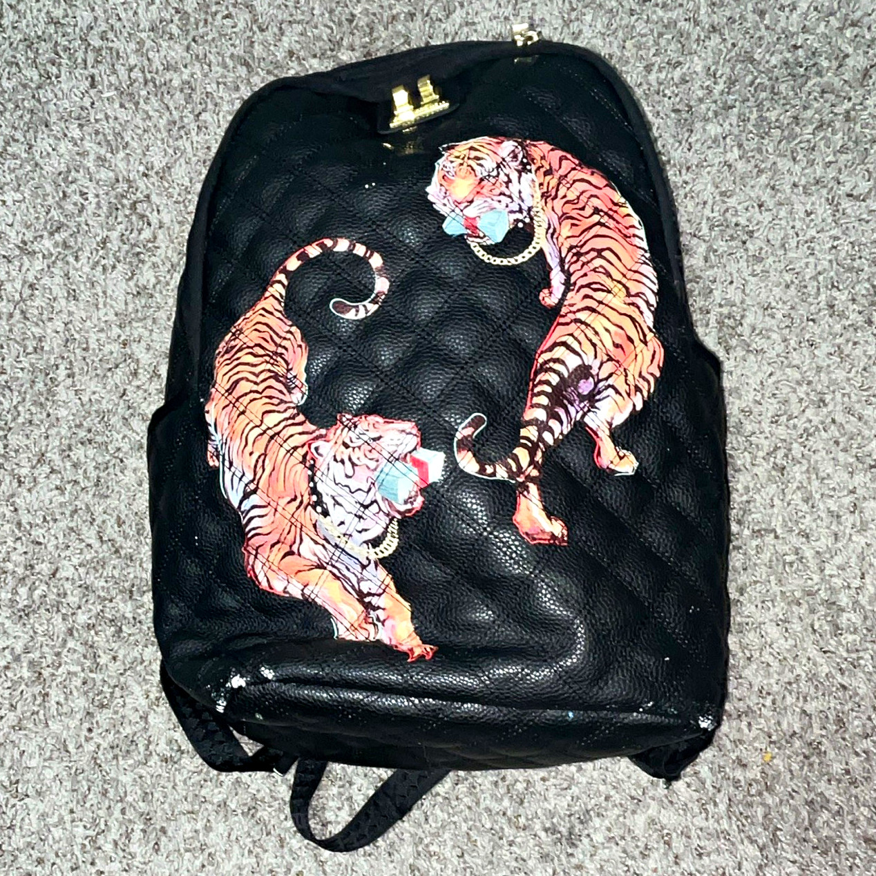 Sprayground Limited Edition Black Quilted Tiger Backpack Red Lining Zip Large