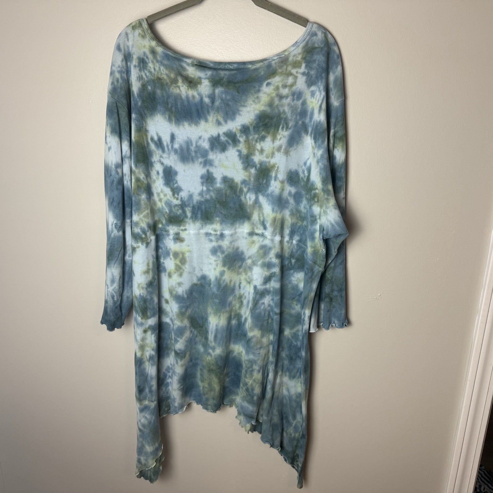Glima Tunic Top or Short Dress Plus Size 3X V-Neck 3/4 Sleeves Cotton Blue Green