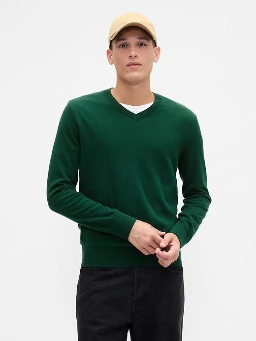 GAP Sweater Mens Large Green Solid V-Neck 100% Cotton Tight Knit Pullover NEW