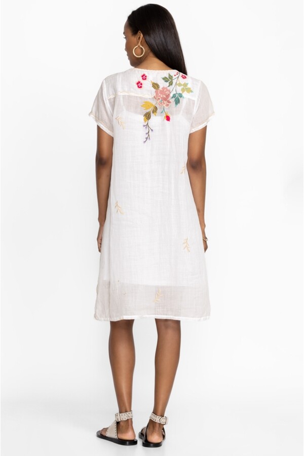 Johnny Was Adele Drape Tunic Dress Floral Embroidery Flowers White Ramie New