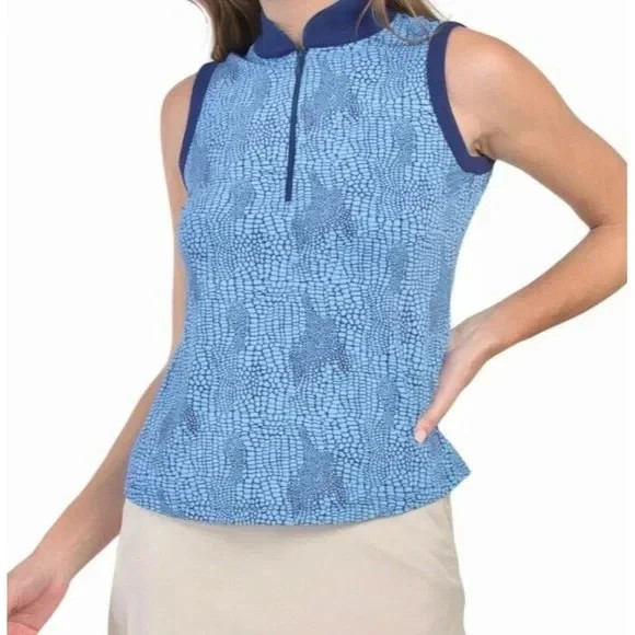 IBKUL Polo Top Size S XL Blue Snake Sleeveless Zip Ladies Golf Tennis NEW