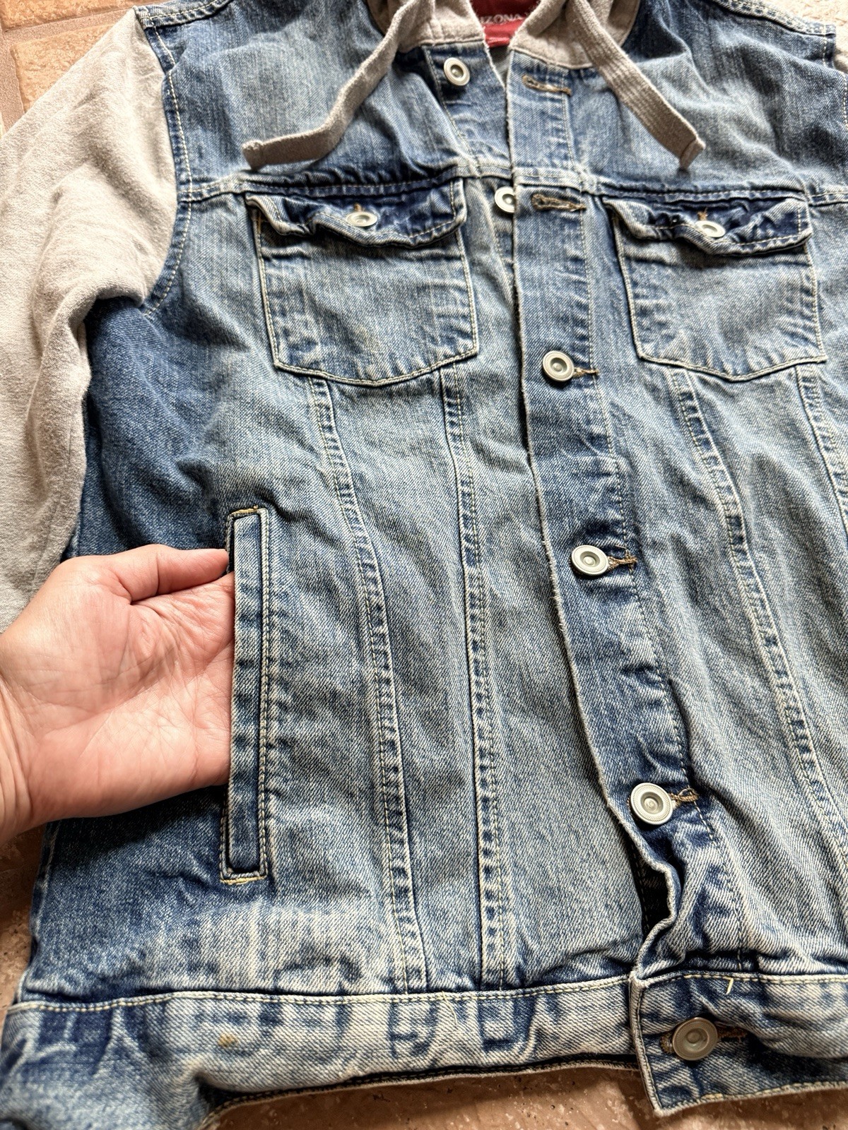 Arizona Jean Hooded Jacket Sz S Denim Button Up Blue Hybrid Trucker Distressed