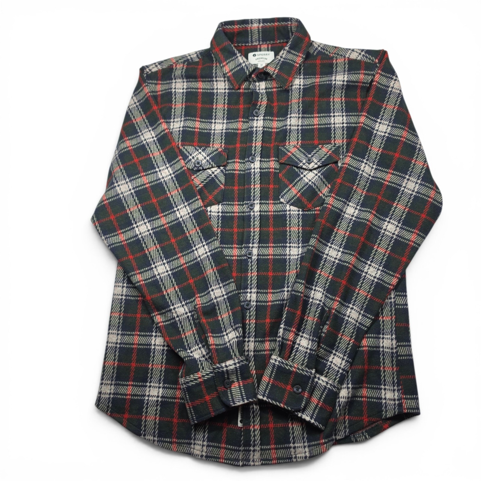 Sperry Plaid Flannel Shirt Men’s M Green Red Button Front 2 Pocket Stretch