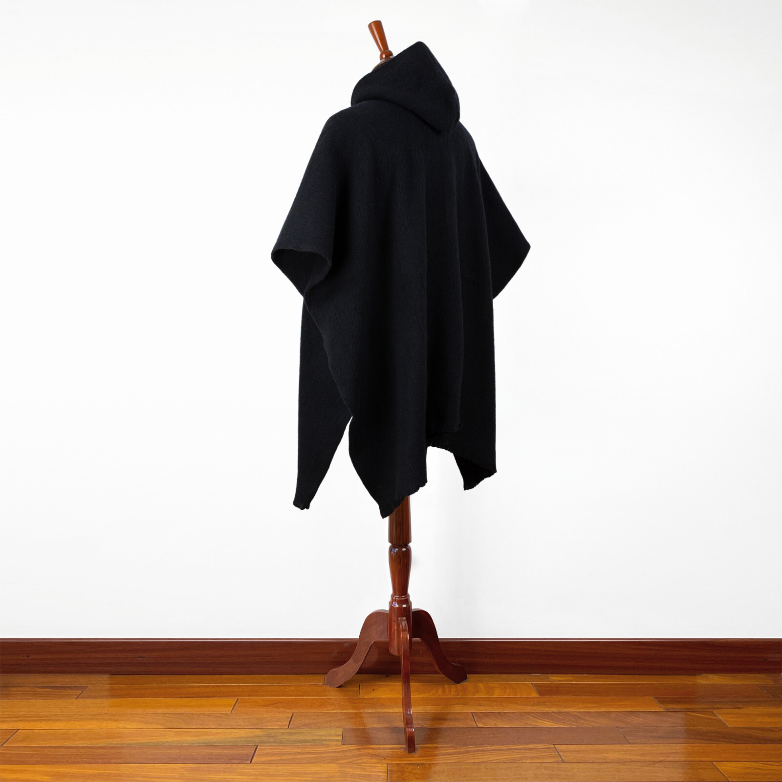 LLAMA WOOL MENS WOMANS UNISEX HOODED PONCHO ETHNIC TRIBAL BOHO SOLID BLACK S-XL