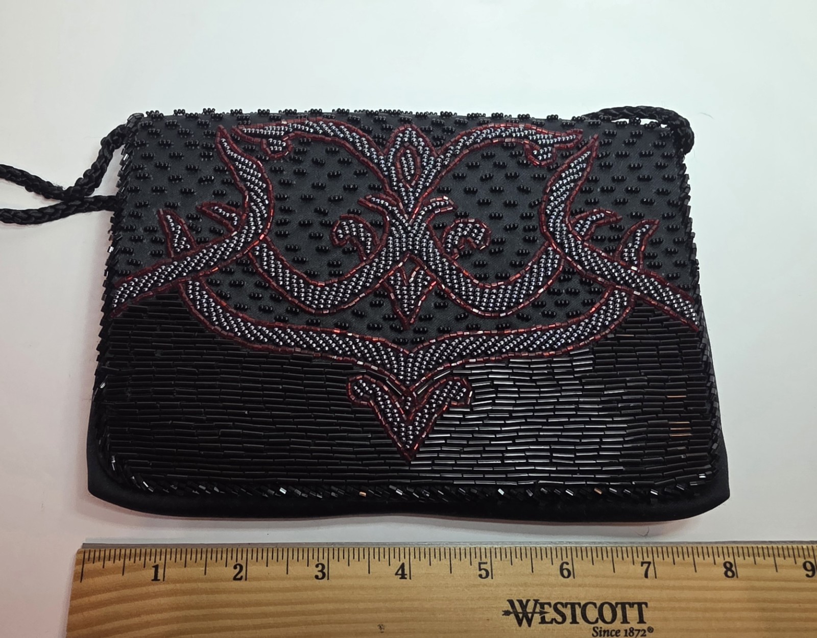 1990’s Black Silver Red Beaded Black Satin Evening Clutch Shoulder Bag 7.75×5.3″