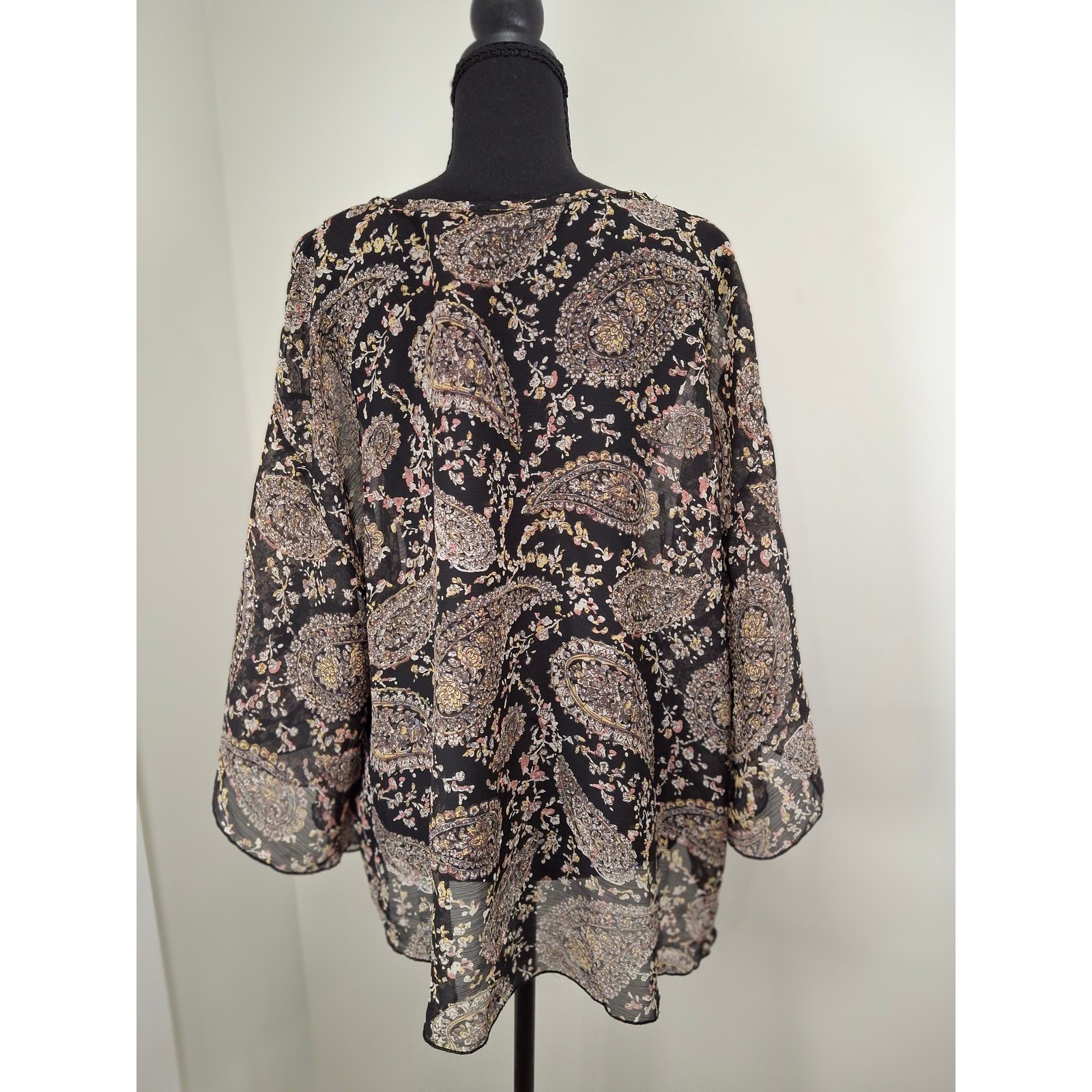 New Directions Woman 2X Paisley Chiffon V-Neck Blouse Black Tan Pink Sheer Top