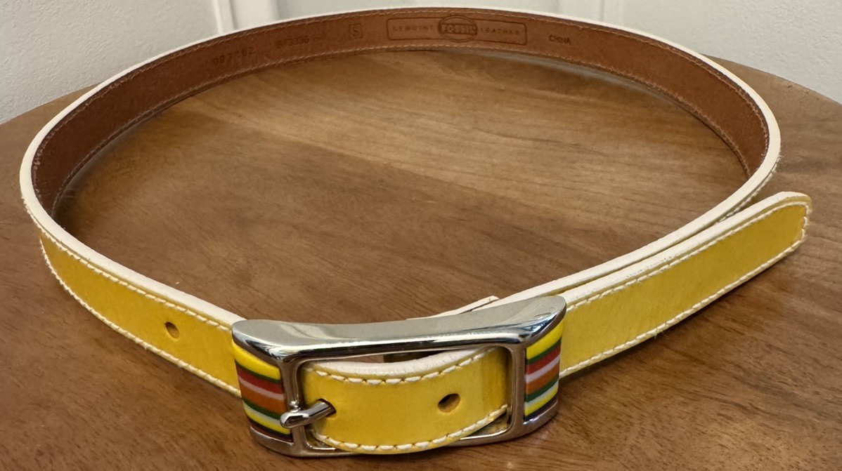 Fossil Belt Enamel Multi Color Silver Buckle Patent Leather Mustard Yellow Y2K S