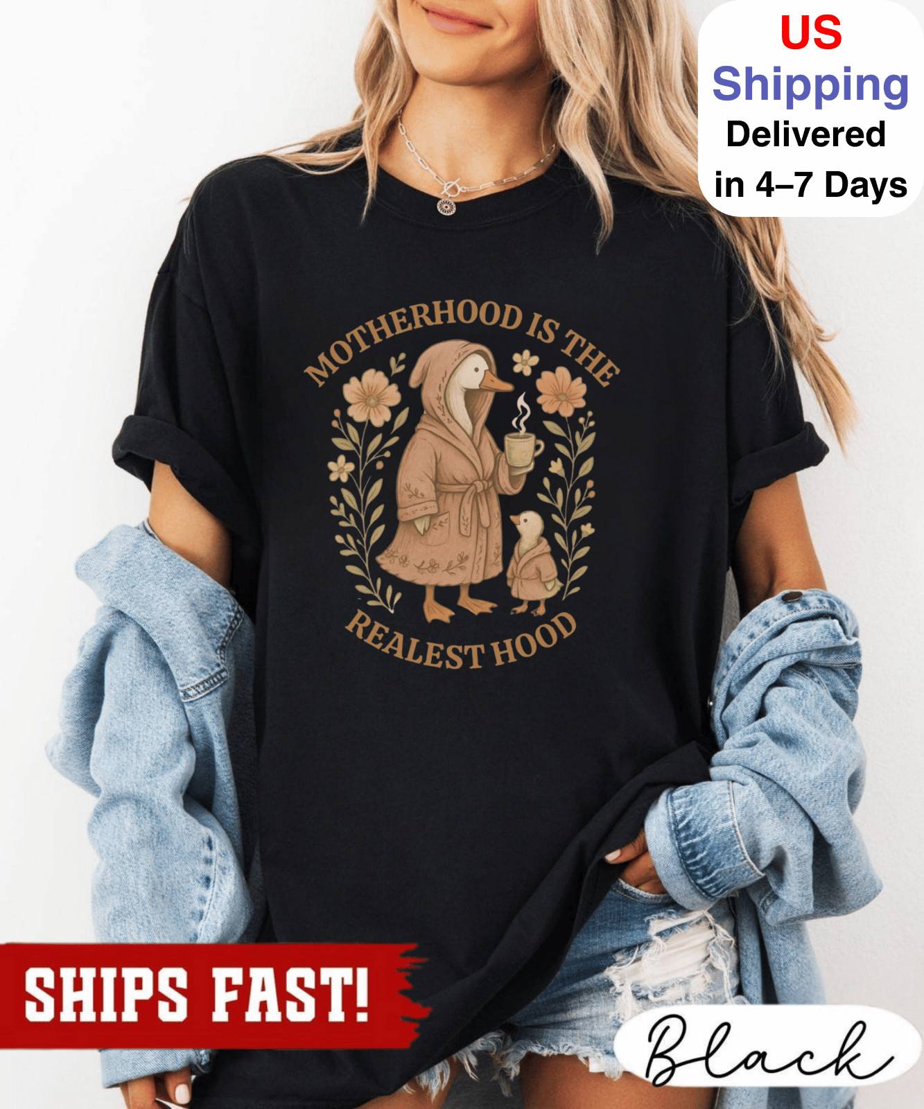 Funny Mom Shirt, Silly Mom Goose, Motherhood is the Realest Hood Tee, Mom Gift,