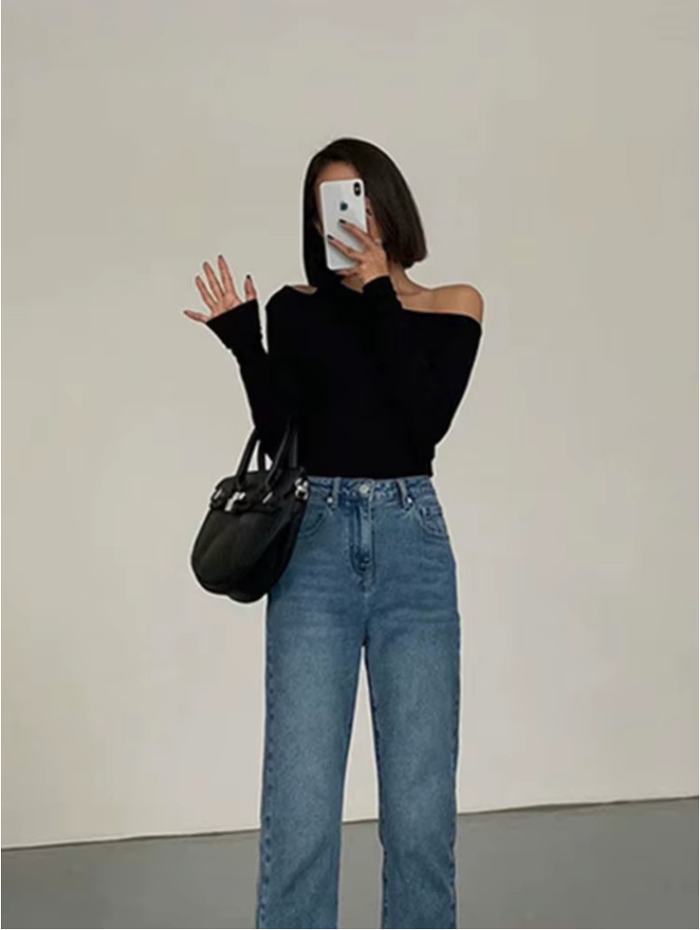 Women’s One Shoulder Long Sleeve Top Black Slim Fit Cut Out Casual Blouse
