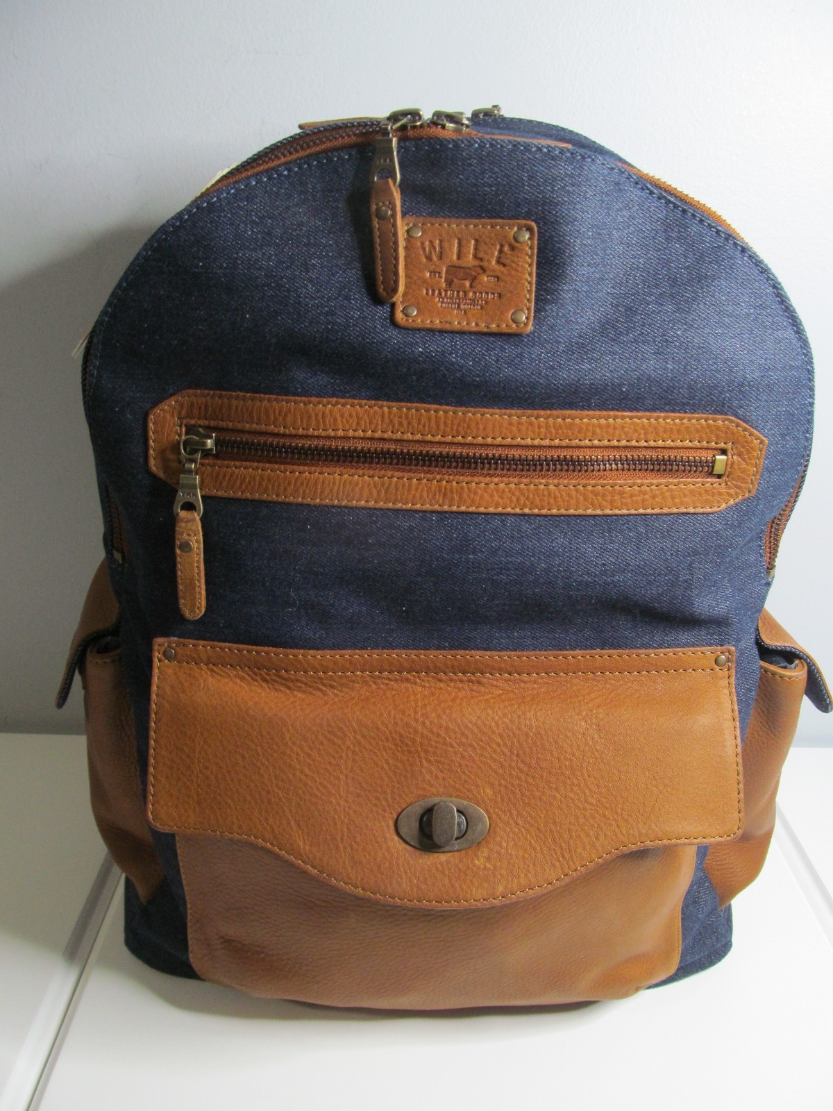 Will Leather Goods Eugene, OR Denim/Tan Leather & Canvas 15″ Laptop Backpack-NWT