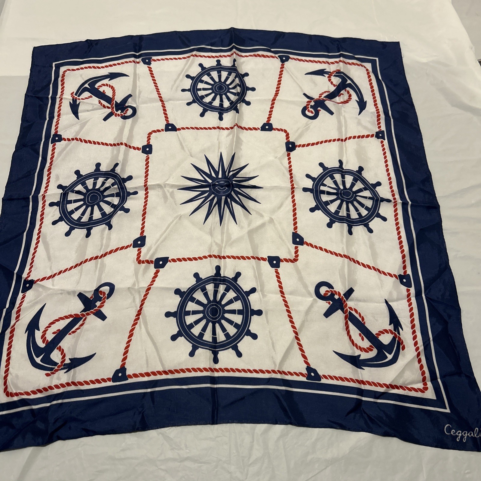 Ceggali nautical scarf white w/ red rope border, navy blue ship wheels, anchors