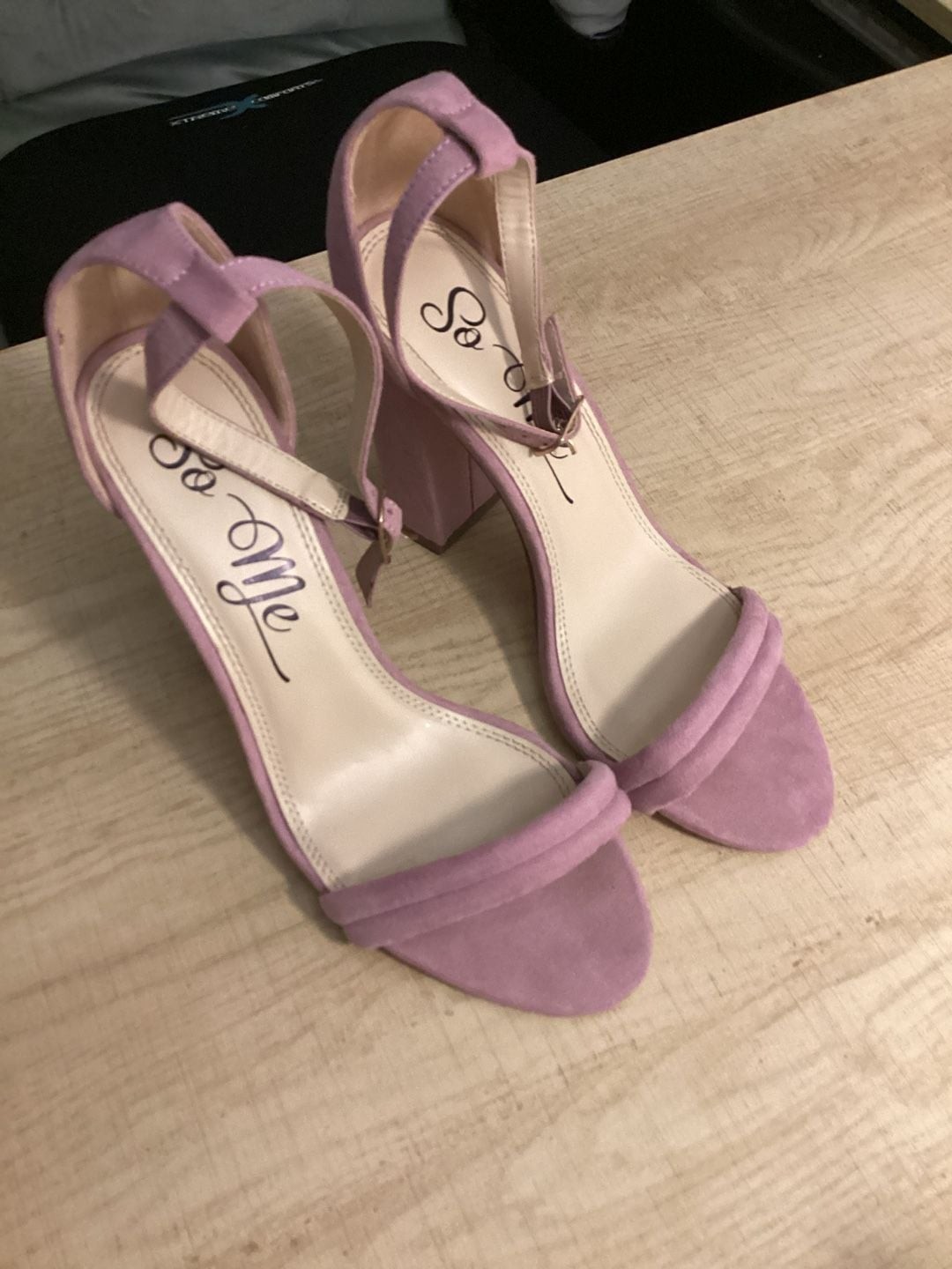 So Me Suede Ankle Strap Block Heels in Lilac