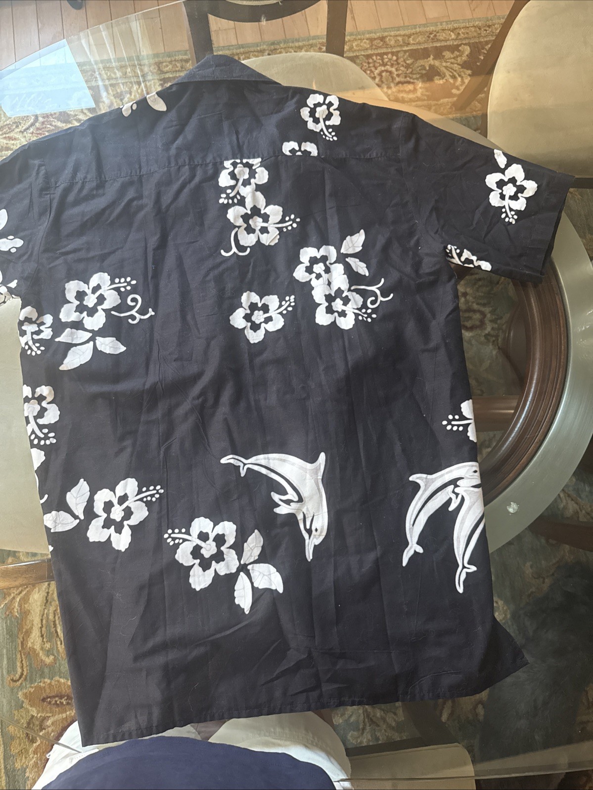 Cabali Hawaiian Shirt Mens XXL Black And White Short Sleeve Dolphins & Floral