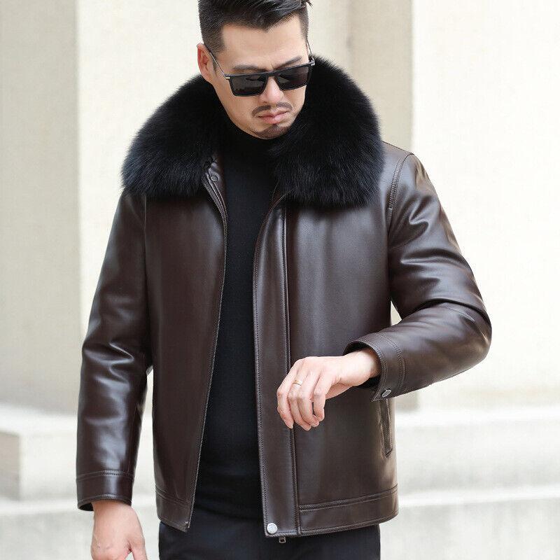 Mens Formal Elegant Faux Fur Collar Leather Loose Zipper Jacket Winter Down Coat