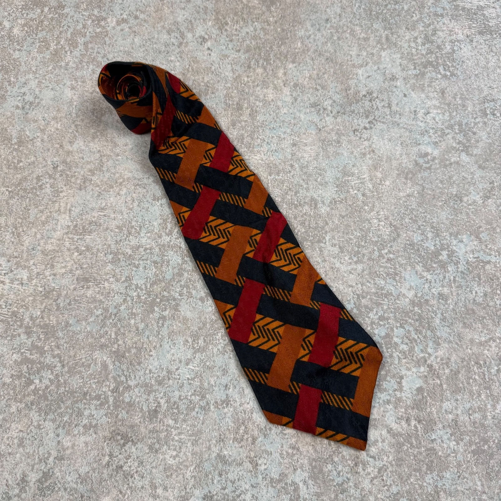 LANVIN Paris Silk Tie Brown Red Black Basketweave Chevron Geometric Necktie
