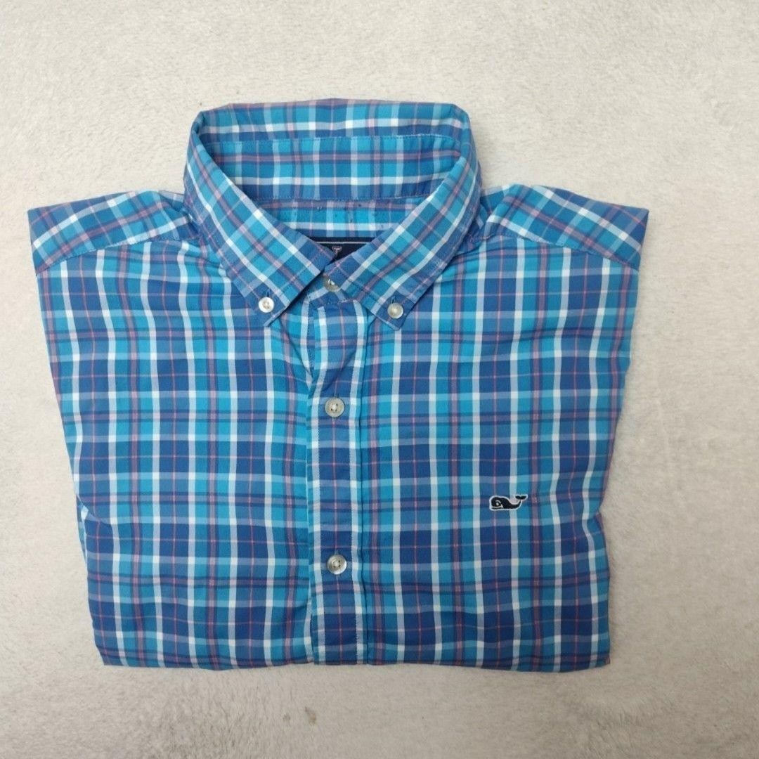 Vineyard Vines Shirt Mens M Blue Plaid Button-Up Whale Shirt Nylon Polyester