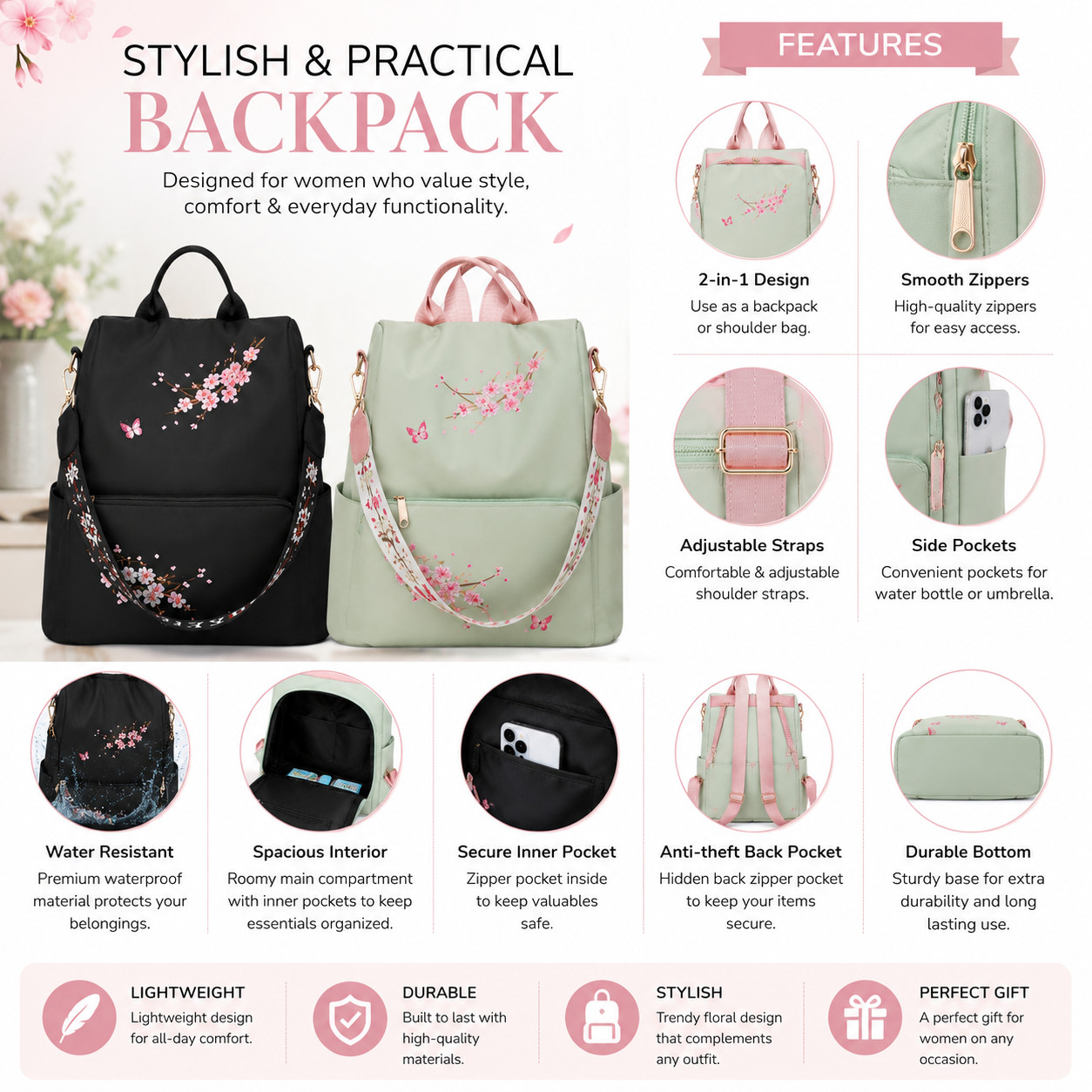 Women Cherry Blossom Embroidery Backpack Anti-Theft 2in1 Shoulder Bag Black