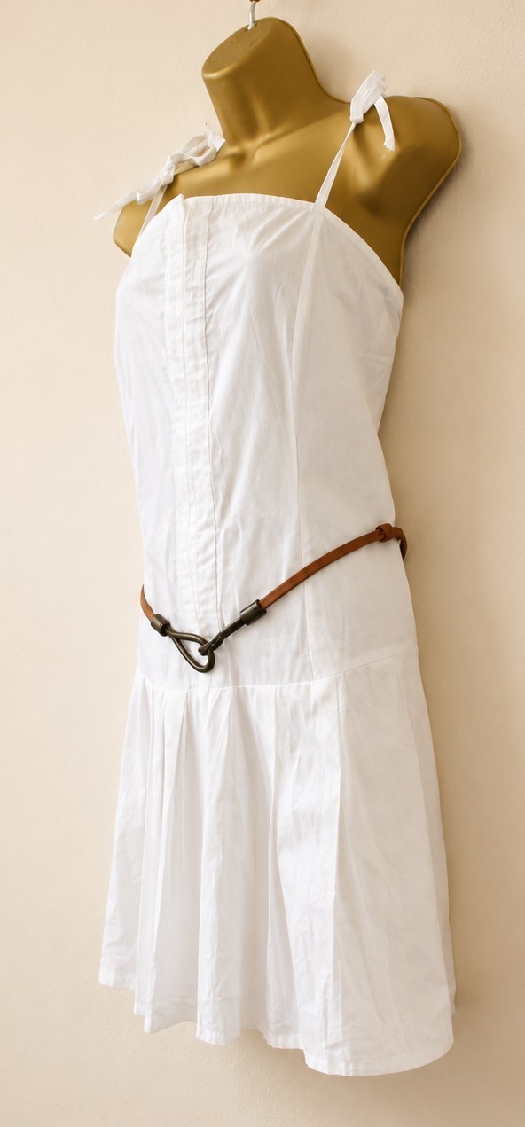 White Cotton Drop Waist Sundress UK 12 Tie Strap Summer Holiday Mini