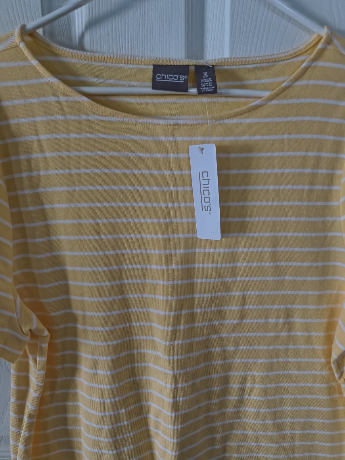 Chico’s NWT Top Size 3 P2P 22 LENGTH 28 Short Sleeve Boat Neck Yellow