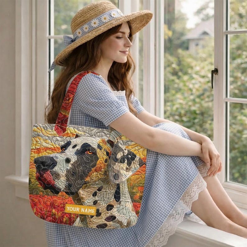 Great Dane Quilted Tote Bag, Custom Gentle Giant Mom Padded Handbag, Big Dog Lov