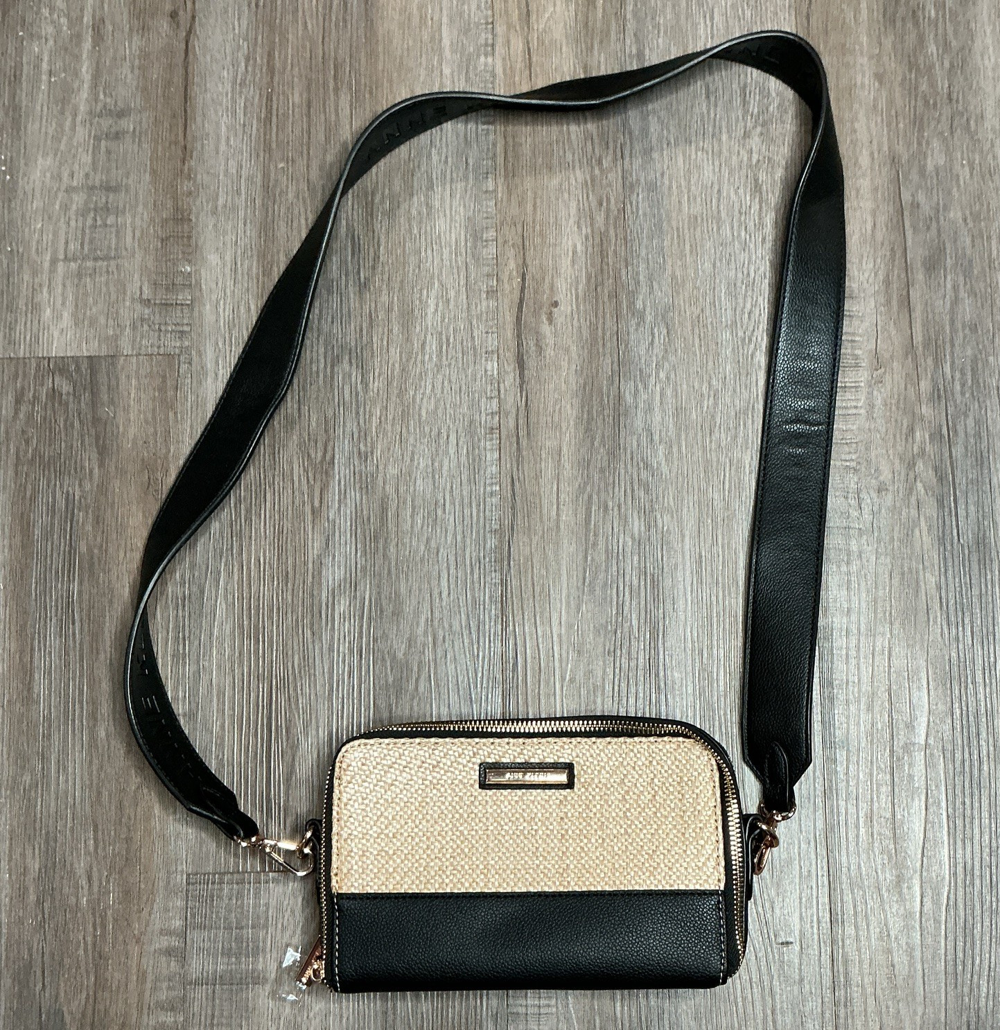 Anne Klein Woven Black/Beige Crossbody Bag Double Zip, Detachable Strap