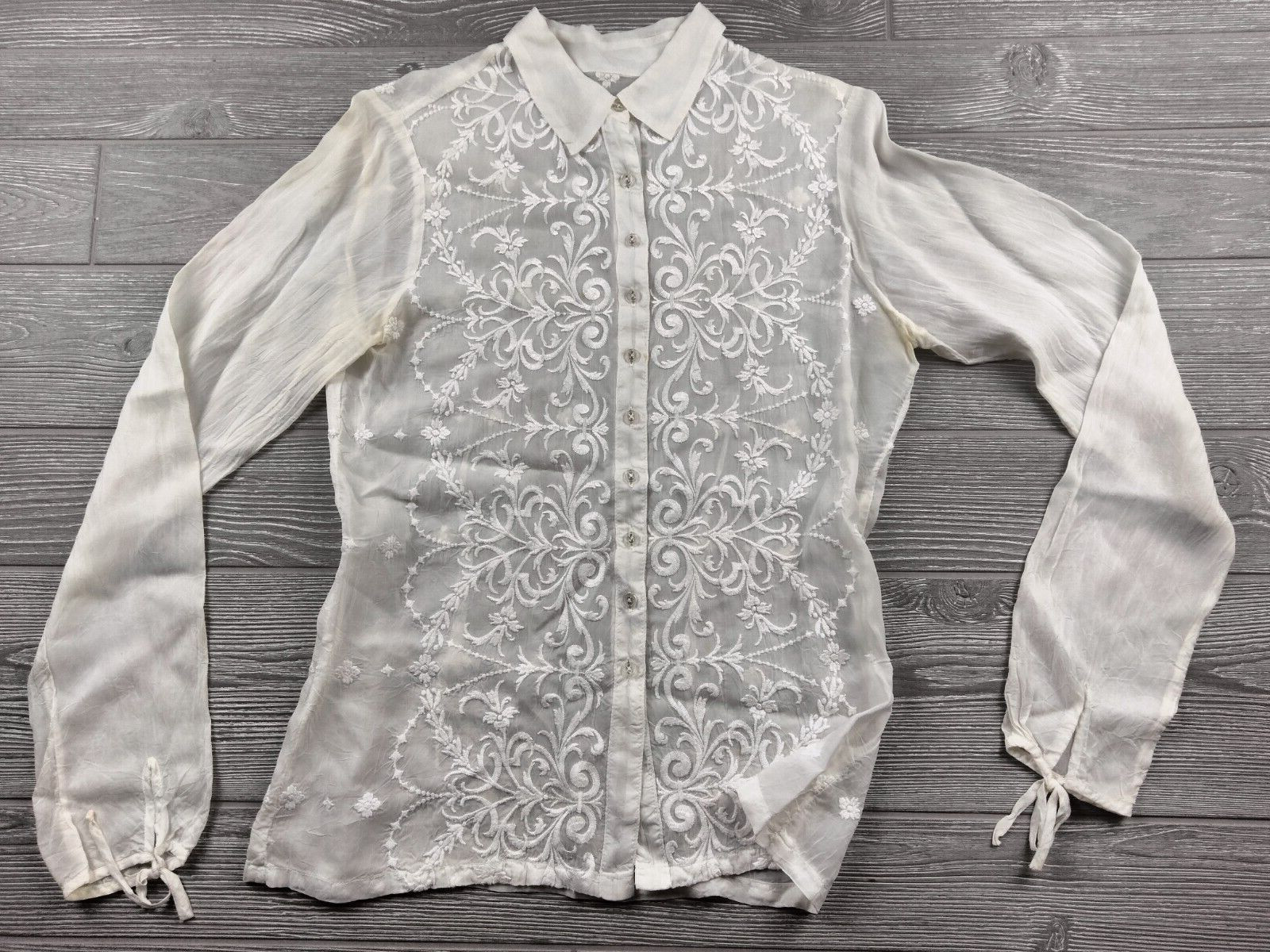 Johnny Was Ivory White Semi-Sheer Embroidered Crochet Women’s Small top