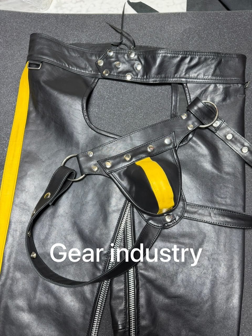 Men’s Real Cow High Shine Leather Biker Chap Sexy Gay Bluff Yellow Strap Chap