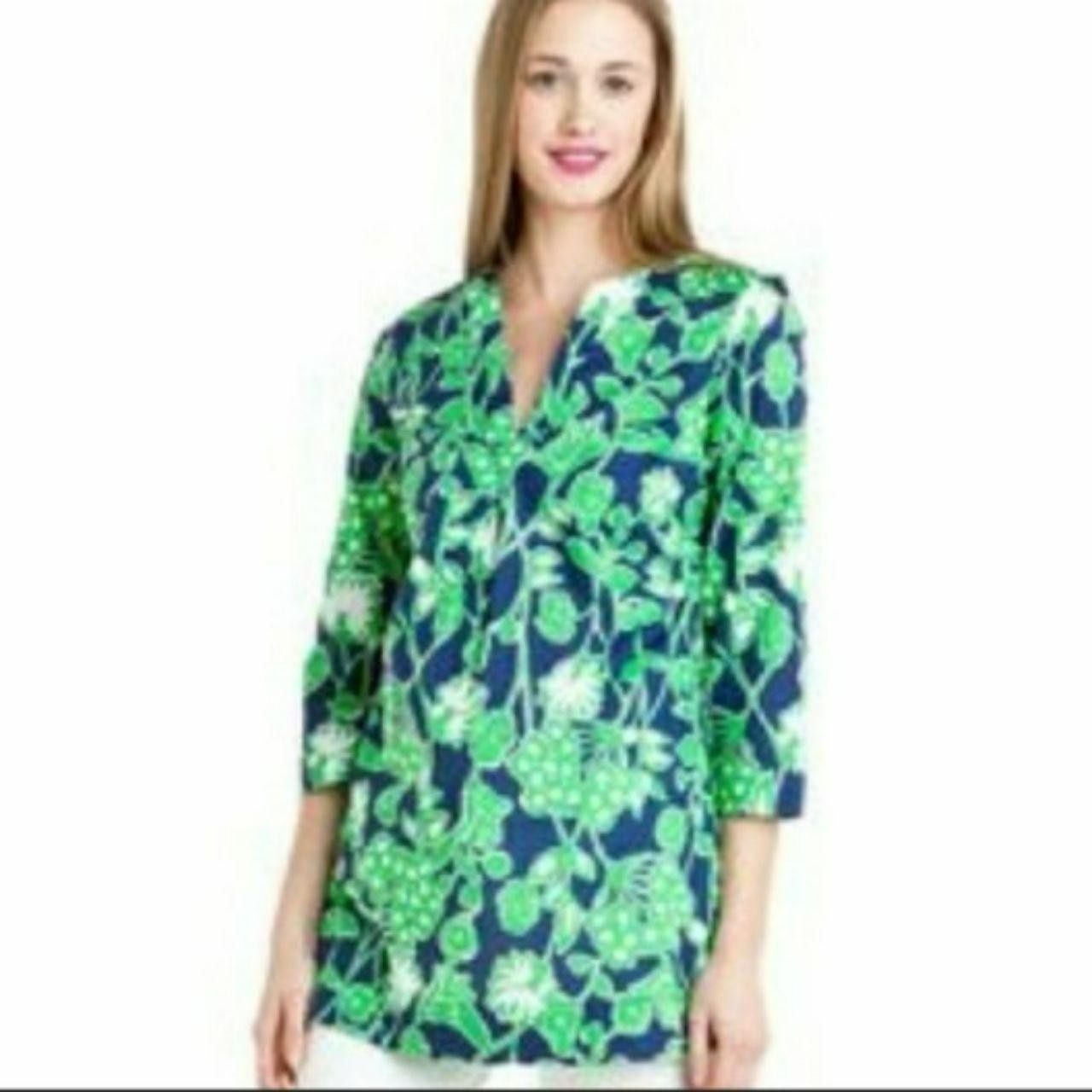 Lilly Pulitzer Top Women’s Large Green Blue Floral Tunic Popover Shirt